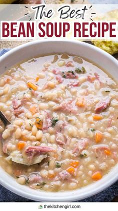 image of ham and bean soup in white bowl with spoon. Title text: The Best Bean Soup Recipe Ham And Bean Soup Recipes Old Fashioned, Best Bean Soup, Bean Ham Soup, White Bean Ham Soup, Old Fashioned Ham, Bean Soup Crockpot, Ham Bone Soup Recipes, Ham Bone Recipes, Ham Hock Soup