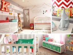 a collage of photos with baby's room furniture and decor in different colors