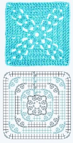 two crocheted squares are shown with the same pattern