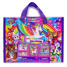 a purple bag filled with lots of different animals and unicorns on it's side