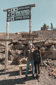 two people standing in front of a sign at the top of a mountain