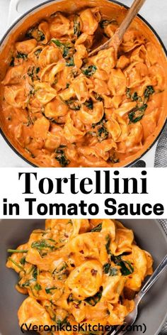 tortellini pasta in tomato sauce with spinach and parsley on the side