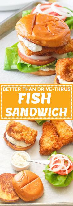 fish sandwich with lettuce and tomato slices on it, next to other sandwiches