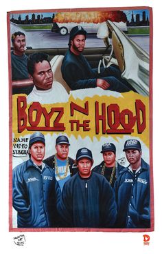 a movie poster for boyz n the hood featuring five men in police uniforms and one man wearing a baseball cap