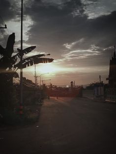 the sun is setting over an empty street with palm trees in the foreground and buildings on either side