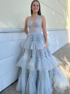 Halter V Neck Open Back Layered Gray Lace Long Prom Dresses #prom #promdresses #promdresseslong #lacepromdress #formaldress #eveningdress Photo Rose, Ruffle Prom Dress, Tulle Evening Dress, Tulle Sleeves, Prom Ball Gown, Halter Gown, Red Evening Dress, Custom Size Dresses, Note Box