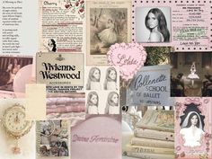 a collage of photos with pink and white accents, including an old fashion clock