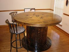 a wooden table with two chairs around it