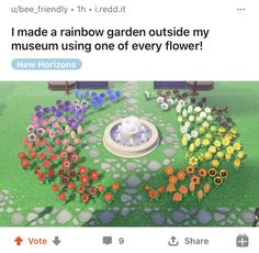 an image of a garden with flowers on it and the caption reads i made a rainbow garden outside my museum using one of every flower