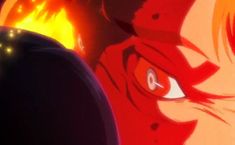 an anime character with red hair and orange eyes looks at the camera in front of flames