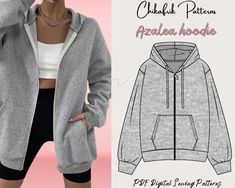 a women's hoodie jacket sewing pattern is shown with the front and back views