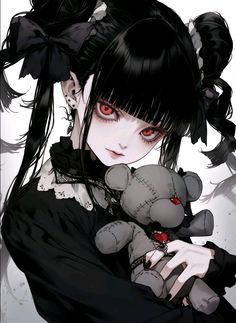 a woman holding a teddy bear in her arms with blood on the eyes and black hair