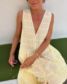 Lemon is the colour of summer! @kobimaguire wears our Suki Sleeveless Dress. Shop online now. Lemon Fabric, Voluminous Dress, Merchandise Tags, Shell Buttons, Tiered Maxi Dress, Resort Style, Cotton Voile, Lifestyle Brands, Low Cut