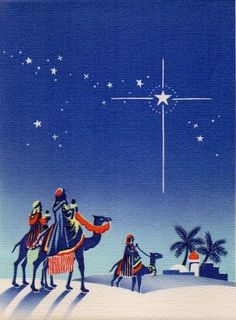 three wise men riding camels in the desert at night with a star above them