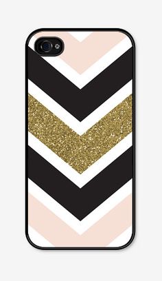 an iphone case with gold glitter and black chevrons on the front, featuring a white background