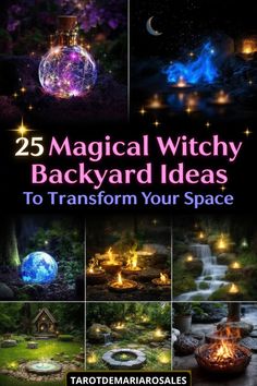 Collage of enchanting backyard ideas: a glowing potion bottle, mystical moonlit scene, magical fire pits, and serene waterfalls, conveying a mystical ambiance. Magical Backyard Ideas, Witchy Backyard, Fall Halloween Wedding, Conservatory Room, Magical Backyard, Dream Backyards, Witches Garden, Mystical Garden, Simmer Pots