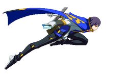 an anime character flying through the air with his arms spread out and legs bent forward