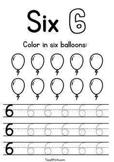 the number six worksheet with balloons and numbers for children to learn how to write