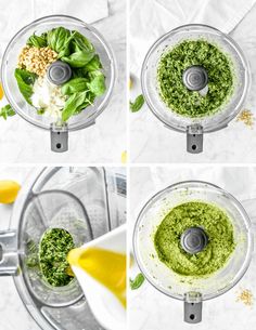 four pictures showing how to make pesto in a food processor