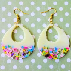 Features rainbow colour scheme.  Drop length is approximately 5cm (2 inches). Rainbow Colour, Pride Jewellery, Rose Violette, Pink Purple Blue, Polymer Jewelry, Kawaii Food, Drop Dangle Earrings, Rainbow Pride, Colour Scheme