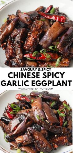 two plates with different types of food on them and the words savory & spicy chinese spicy garlic eggplant