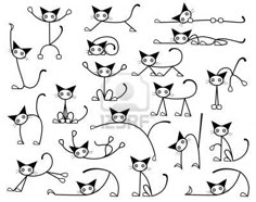 black and white drawing of cats with different poses