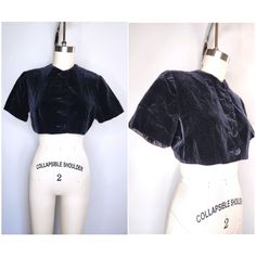 "Vintage Cropped Capelet Stole Black Velvet  Button Front  Collared short collar  Short Sleeves  Not Lined  Shoulder Pads are damaged but they can be removed or replaced - sold as is and as found!  Made a mistake during the photo-shoot and the collar was not showing.... see the picture with showing the short collar!       Great Vintage Condition !  Measurement approximately : Label : n/a Size: n/a feels like size XS  ( Please Refer to measurement ! this is just an estimate ! ) Fabric: VELVET  Shoulder to Shoulder: 14 1/4\" Sleeves Length : 8\" Armpit to Armpit: 18 3/4\" Width where it ends 16\" Length: 13 3/4\"  Measurements are taken with the garment laying flat please double for arm pit shoulders and waist ! Sale Terms & Methods of Payment: * AS IS - ALL SALES ARE FINAL * Please Read our Vintage Fitted Top With Stand Collar, Fitted Stand Collar Top With Buttons, Fitted Short Sleeve Tops With Covered Buttons, Blazer Crop, Cape Blazer, Bolero Shrug, Velvet Shorts, Vintage Velvet, Cocktail Party