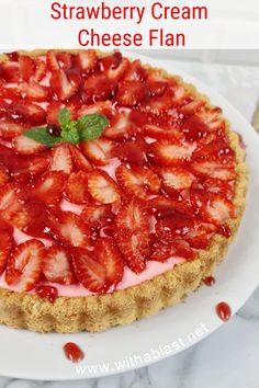 a strawberry cream cheese flan on a white plate