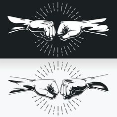 two hands holding each other in the air with sunbursts above them and below