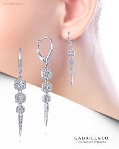 14K White Gold Diamond Hexagon Stations and Spike Drop Earrings. EG13650W45JJ #Earrings #FashionEarrings #WhiteGoldEarrings #WhiteGoldFashionEarrings #GoldEarrings #GoldFashionEarrings #GabrielNY #DiamondJewelry #FineJewelry #GabrielAndCo #UniqueJewelry #FineJewelry #FashionJewelry #UniqueJewelry #GiftIdeas #UniqueGifts #DiamondJewelry #Jewelry Luxury Sterling Silver Drop Cluster Earrings, Silver Drop Earrings For Everyday, Luxury Wedding Earrings With Lever Back Ear Wires, Everyday Luxury Drop Earrings With Diamond Accents, Luxury Dangle Earrings For Everyday, Diamond Bali, Sleek Earrings, Earring Tops, Jewellery Shop Design