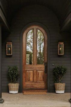 a wooden door with two potted plants on the front steps and sidelights above it