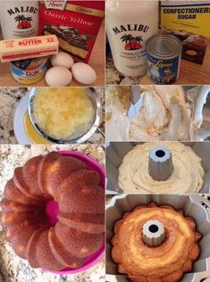 several pictures showing different stages of making bundt cake and other baking ingredients on the counter