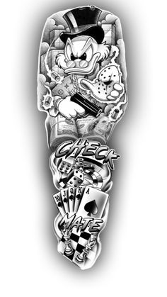 a drawing of a cartoon character with tattoos on his face and arms, in black and white