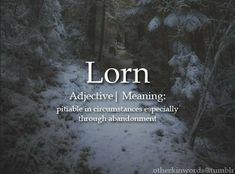 the words lorn are written in white on a black background with snow covered trees