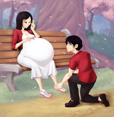 a man kneeling down next to a pregnant woman on a bench in front of a tree