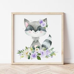 a watercolor painting of a raccoon surrounded by flowers