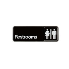 a restroom sign with the words restrooms and an image of a man and woman