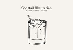 a drawing of a cocktail in a glass filled with ice and garnishes