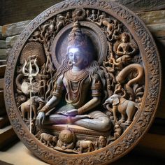 an intricately carved buddha statue sitting in the middle of a pile of wooden planks