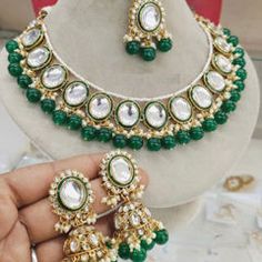 Gold Rodium Polish Green color Necklace in Metal Alloy studded with Kundan, Pearl Green Necklace Set, Maroon Necklace, Violet Necklace, Hanging Necklaces, Color Necklace, Jewellery Necklace, Metal Necklace, Neck Jewellery, Blue Necklace