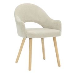 an upholstered chair with wooden legs and a beige fabric seat pad on the back