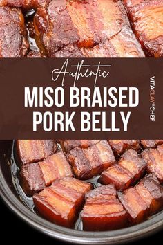 miso braised pork belly in a pan with text overlay