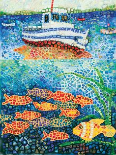 a painting with fish and a boat in the water