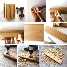 several pictures of woodworking tools being used to make wooden planks with holes in them