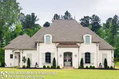 a large white brick house in the middle of a grassy area with trees and bushes