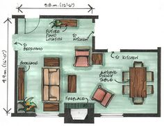 a drawing of a living room and kitchen area