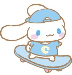 a drawing of a rabbit sitting on top of a skateboard with the letter c in it's mouth