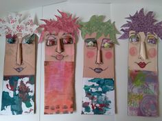 three pieces of art made out of paper with faces and flowers on the top one