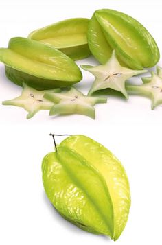 two pictures of starfruits and one is cut in half