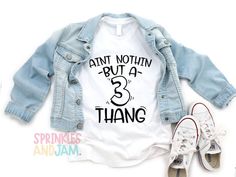 "Aint nothing but a 3 thang!! 3rd birthday shirt PERSONALIZED JUST FOR YOU 1) Be sure to send us your little ones' name for the tee in the \"NOTES TO SELLER BOX\" at checkout. 2) If no name is provided this item will be shipped non-personalized. HOW TO MEASURE Measure under arms around the fullest part of the chest. Be sure to keep tape level across back and comfortably loose. Any items that are 100% cotton can have a little shrink after a wash. HOW TO WASH - 2 STEP WASH INSTRUCTIONS 1. Machine Third Birthday Shirt, Tenth Birthday, Sister Tshirts, Unicorn Shirt, Birthday Girl Shirt, Sister Shirts, Girls Club, Toddler Tees, School Shirts